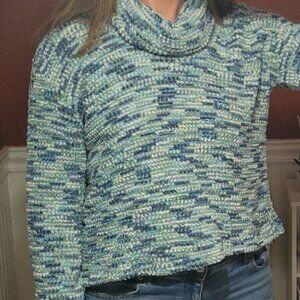 Ruby Rd Sweater Blue, Green, White Cowl Neck Boucle Knit NWT